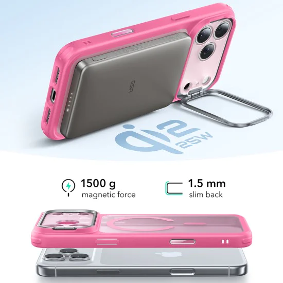 Калъф за iPhone 17 Pro Max – с MagSafe – ESR Classic Hybrid HaloLock Kickstand – Матиран розов