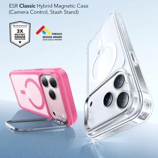 Калъф за iPhone 17 Pro Max – с MagSafe – ESR Classic Hybrid HaloLock Kickstand – Матиран розов
