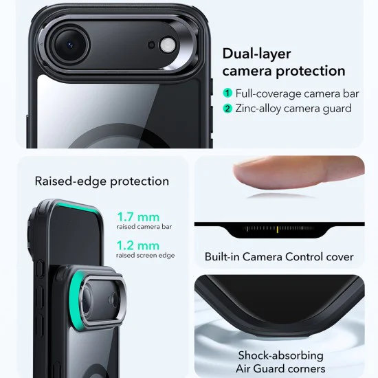 Калъф за iPhone 17 Air - ESR - Classic Hybrid HaloLock Kickstand - Прозрачен Черен