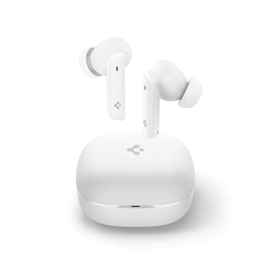 Spigen - Безжични слушалки (SA2402) - Bluetooth 5.3, Активно шумопотискане, Микрофон, Ниска латентност, Аудио приложение - Бял