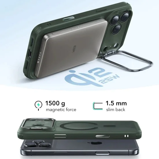 Калъф за iPhone 17 Pro – с MagSafe – ESR Classic Hybrid HaloLock Kickstand – Матиран зелен