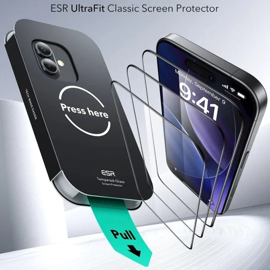 Протектор за iPhone 17 / iPhone 16 Pro - ESR - Закалено стъкло UltraFit (3 броя) - Черен