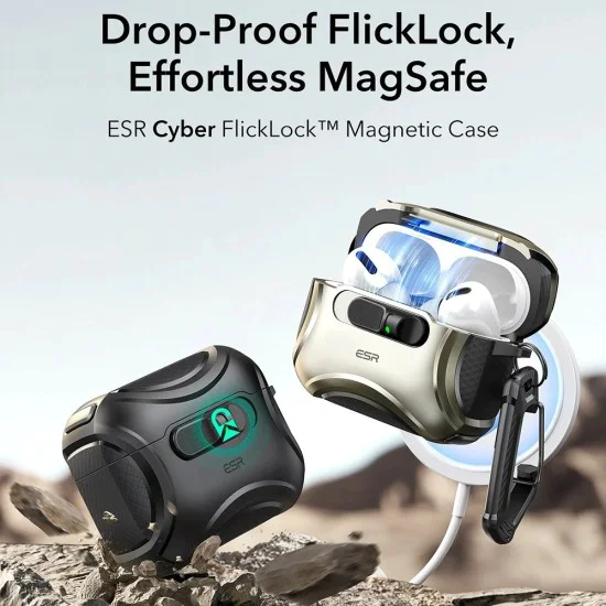Калъф за Apple AirPods Pro 3 – с MagSafe – ESR Cyber FlickLock HaloLock – Черен