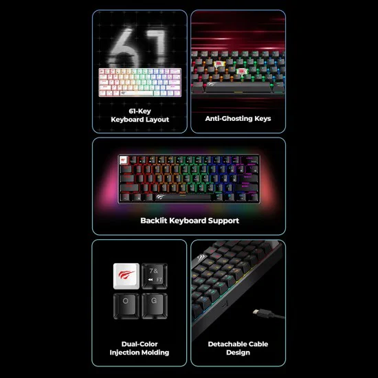 Havit - Геймърска клавиатура (KB903L) - USB-C, с RGB светлини, 1.8 м, 200 мА - Синя / Бяла