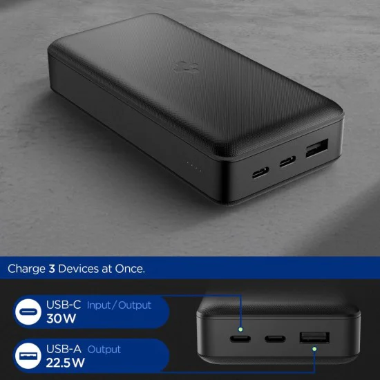 Spigen - Power Bank (EA3020) - Бързо зареждане, USB, 2x Type-C, Тънък дизайн, Quantum Boost, 20000mAh, 30W - Черен