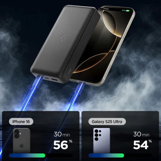 Spigen - Power Bank (EA3020) - Бързо зареждане, USB, 2x Type-C, Тънък дизайн, Quantum Boost, 20000mAh, 30W - Черен