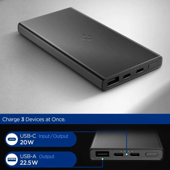Spigen - Power Bank Essential (EA2210) - Бързо зареждане, USB, 2x Type-C, Тънък дизайн, Quantum Boost, 10000mAh, 22.5W - Черен