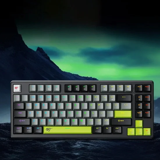 Havit - Геймърска клавиатура (KB904L) - за видеоигри, USB, RGB светлини, 85 клавиша, бързо задействане, 1.8 м, 5V, 8kHz - черна / зелена