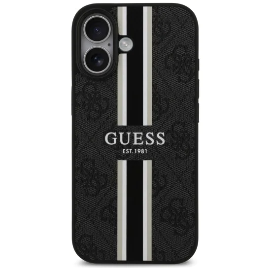 Калъф за iPhone 17 – с MagSafe – Guess (GUHMP17SP4RPSK) Hardcase 4G Printed Stripes – Черен