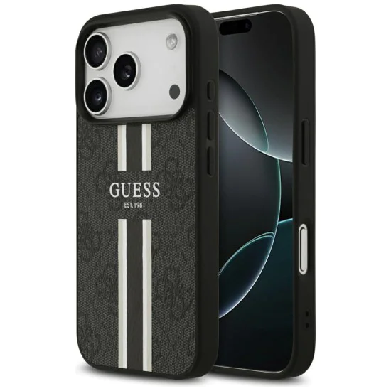 Калъф за iPhone 17 Pro – с MagSafe – Guess (GUHMP17LP4RPSK) Hardcase 4G Printed Stripes – Черен