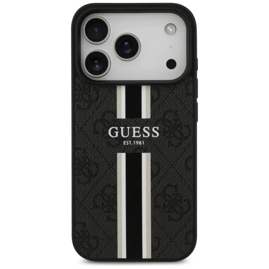 Калъф за iPhone 17 Pro – с MagSafe – Guess (GUHMP17LP4RPSK) Hardcase 4G Printed Stripes – Черен