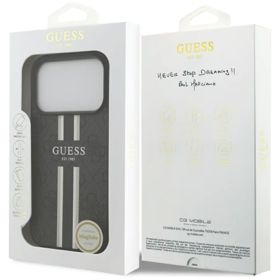 Калъф за iPhone 17 Pro – с MagSafe – Guess (GUHMP17LP4RPSK) Hardcase 4G Printed Stripes – Черен
