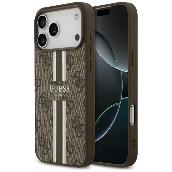 Калъф за iPhone 17 Pro Max – с MagSafe – Guess (GUHMP17XP4RPSW) Hardcase 4G Printed Stripes – Кафяв