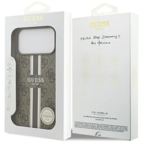 Калъф за iPhone 17 Pro Max – с MagSafe – Guess (GUHMP17XP4RPSW) Hardcase 4G Printed Stripes – Кафяв