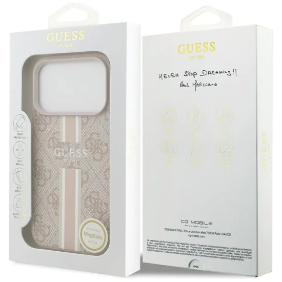 Калъф за iPhone 17 Pro – с MagSafe – Guess (GUHMP17LP4RPSP) Hardcase 4G Printed Stripes – Розов
