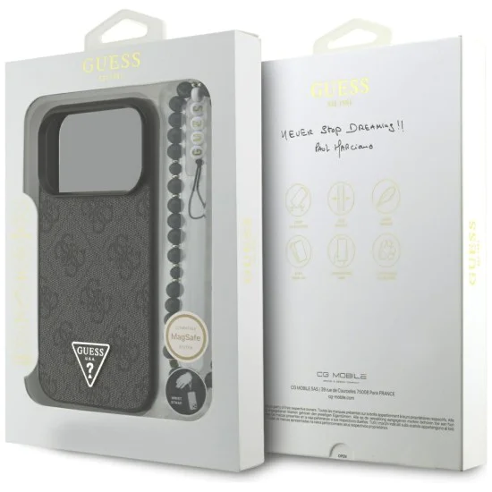 Калъф за iPhone 17 Pro - Guess - Hardcase 4G Triangle Logo MagSafe with Cord Strap (GUHMP17LP4TSDPPSK) - Черен