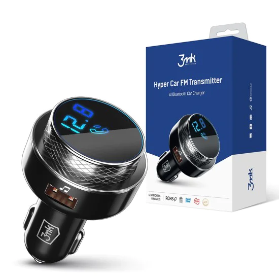 FM трансмитер за кола 3mk Hyper - с функция за зареждане, MP3 Player, LED, 2x USB, Card Slot, 30W, QC, 2A - Черен/Сребрист