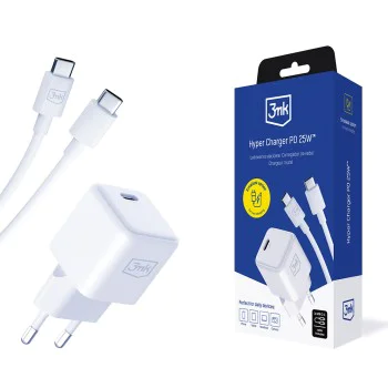 3mk - Зарядно за стена Hyper - Включен USB-C кабел, Type-C порт, PD25W, GaN технология - Бяло