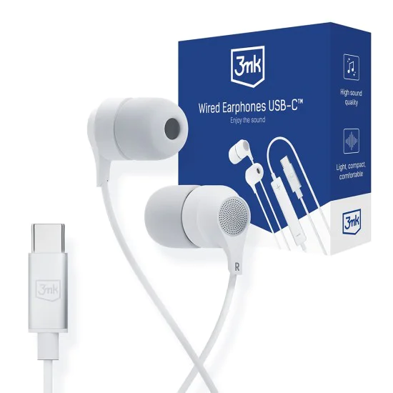 3mk - Кабелни слушалки - USB-C, дизайн за уши, вграден микрофон, дистанционно управление, висококачествен звук, 1.2 м - бели