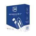 3mk - Кабелни слушалки - USB-C, дизайн за уши, вграден микрофон, дистанционно управление, висококачествен звук, 1.2 м - бели