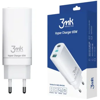 3mk - Зарядно за стена Hyper - 2x Type-C, 1x USB-A, GaN технология, бързо зареждане, 65W - бяло