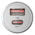 3mk - Зарядно за кола Hyper - USB-A, Type-C, 30W, Издръжлив алуминий - Сребристо
