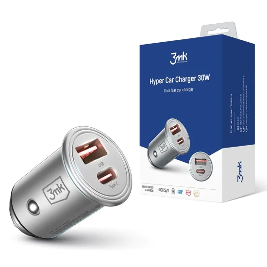 3mk - Зарядно за кола Hyper - USB-A, Type-C, 30W, Издръжлив алуминий - Сребристо