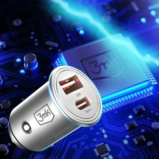 3mk - Зарядно за кола Hyper - USB-A, Type-C, 30W, Издръжлив алуминий - Сребристо