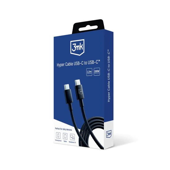 3mk - Кабел за данни Hyper - UBS-C към USB-C, 100W, 5A, 1.2 м - Черен