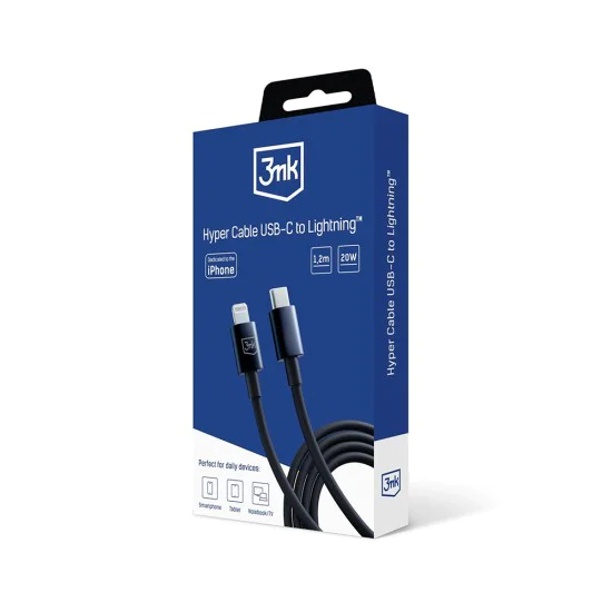 3mk - Кабел за данни Hyper - USB-C към Lightning, 20W, 5A, 1.2 м - Черен