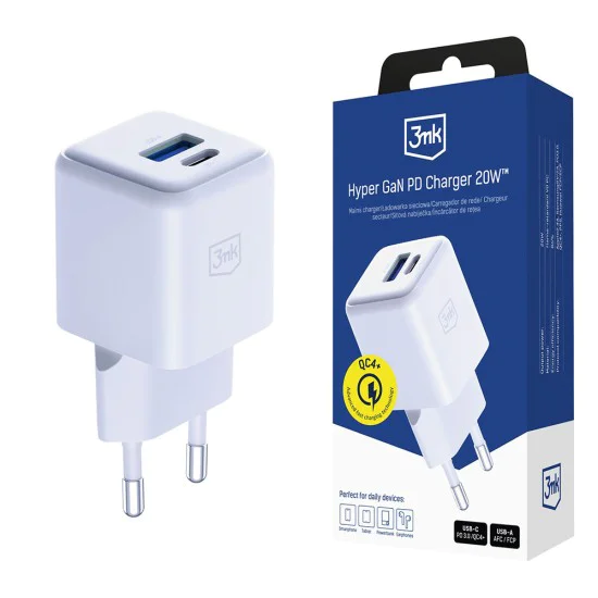 3mk - Зарядно за стена Hyper - USB-A, USB-C, GaN технология, QC4 + PD, 20W - Бяло