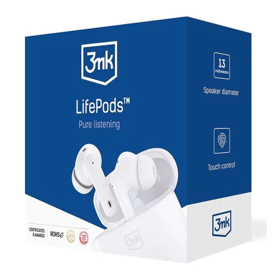 3mk - Безжични слушалки LifePods - Bluetooth V5.3, ANC технология, Touch Control - Бели