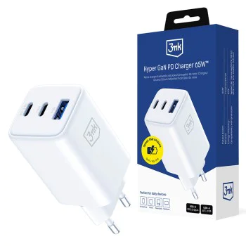 3mk - Зарядно за стена Hyper - USB-A/USB-C, GaN технология, 65W, QX4+, огнеупорен V0 материал - бяло