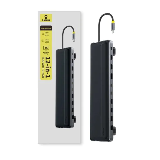 Докинг станция EliteJoy EH3 (B0114200) - Baseus - USB-C към 2x HDMI, DP, 10Gbps, SD/TF, RJ45 - Космическо сиво