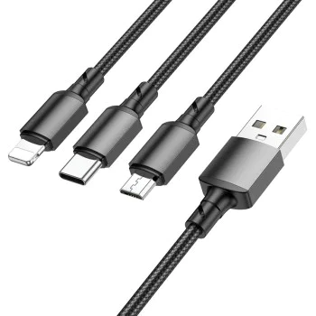 Кабел за данни / зареждане – Borofone (BX72 3-in-1) – USB-A към Micro-USB / Type-C / Lightning, Universal, 2A, 1m – Черен