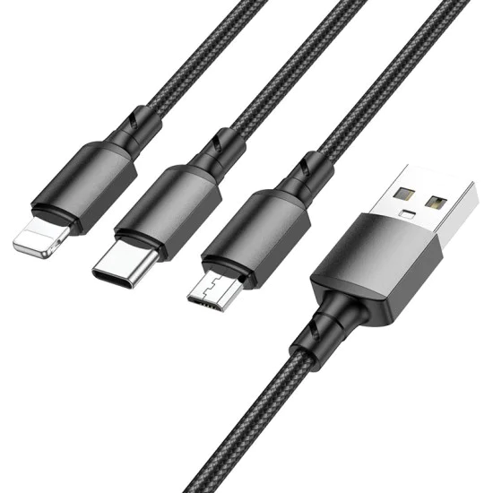Кабел за данни / зареждане – Borofone (BX72 3-in-1) – USB-A към Micro-USB / Type-C / Lightning, Universal, 2A, 1m – Черен