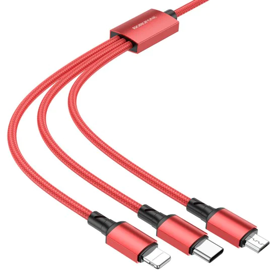 Кабел за данни / зареждане – Borofone (BX72 3-in-1) – USB-A към Micro-USB / Type-C / Lightning, Universal, 2A, 1m – Черен