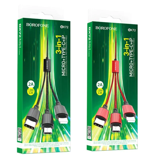 Кабел за данни / зареждане – Borofone (BX72 3-in-1) – USB-A към Micro-USB / Type-C / Lightning, Universal, 2A, 1m – Черен