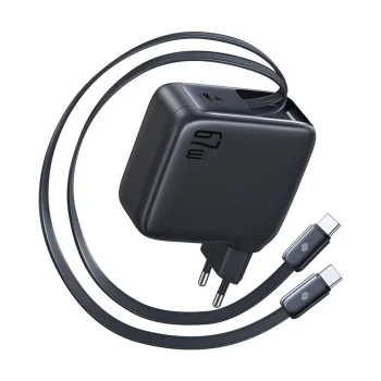Зарядно за стена EnerCore CJ21 (E0121D00) - Baseus - с два прибиращи се Type-C кабела, 67W, 80см - Космическо черно