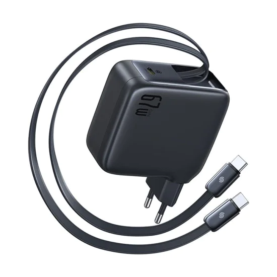 Зарядно за стена EnerCore CJ21 (E0121D00) - Baseus - с два прибиращи се Type-C кабела, 67W, 80см - Космическо черно