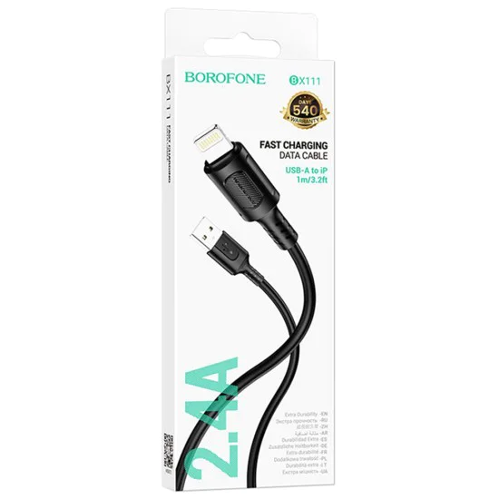 Кабел за данни / зареждане – Borofone (BX111 Feliz Series) – USB към Lightning, PVC, Universal 60W, 2.4A, 1m – Черен