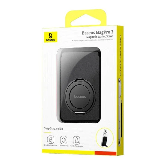 Магнитен портфейл и стойка MagPro 3 (P70385000123-00) - Baseus - до 3 карти, 360° ротация, RFID защита - Космическо черно