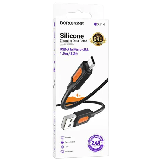 Кабел за данни / зареждане – Borofone (BX114 Silicone Series) – USB към Micro-USB, силикон, 2.4A, 1m – Черен