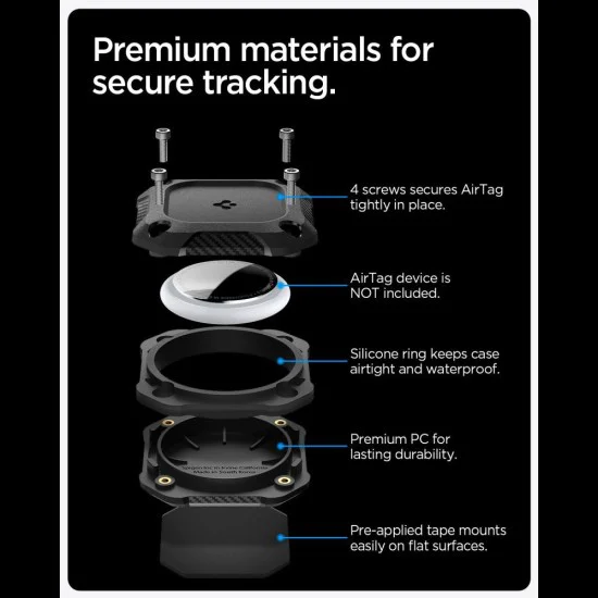 Калъф за Apple AirTag 1 / 2, водоустойчив IPX8, 3M лепило - Spigen - здрав държач за броня - Черен