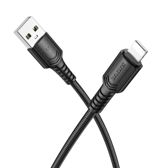 Кабел за данни / зареждане – Borofone (BX116 Certain Series) – USB към Lightning, оплетка Nylon, 2.4A, 1m – Черен