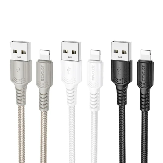 Кабел за данни / зареждане – Borofone (BX116 Certain Series) – USB към Lightning, оплетка Nylon, 2.4A, 1m – Черен