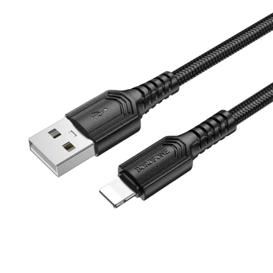 Кабел за данни / зареждане – Borofone (BX116 Certain Series) – USB към Lightning, оплетка Nylon, 2.4A, 1m – Черен