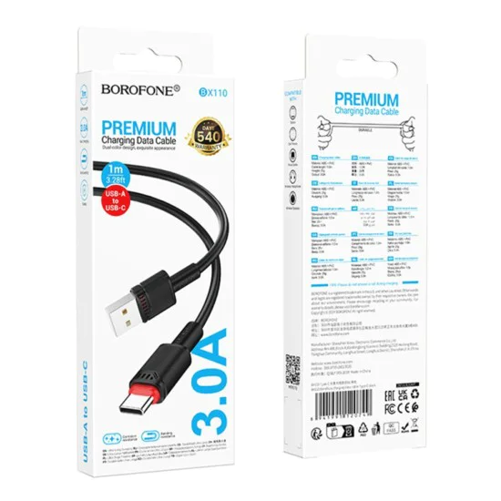 Кабел за данни / зареждане – Borofone (BX110 Beneficio Series) – USB към Type-C, Premium Line, 3A, 1m – Черен