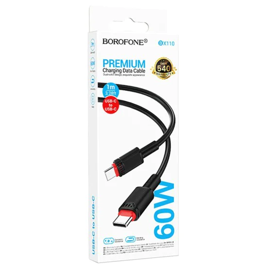 Кабел за данни / зареждане – Borofone (BX110 Beneficio Series) – Type-C към Type-C, Premium Line, Fast Charge 60W, 1m – Черен