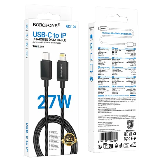 Кабел за данни / зареждане – Borofone (BX120 Placer Series) – Type-C към Lightning, алуминиев корпус, оплетка Nylon, 27W, 1m – Черен